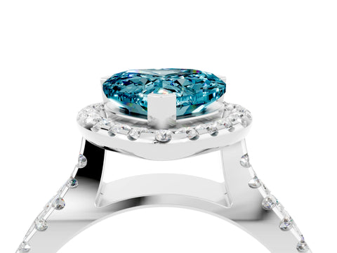 White gold Heart Cut Blue Topaz Halo Ring with Split Shank Pavé Band and Prong Setting_4