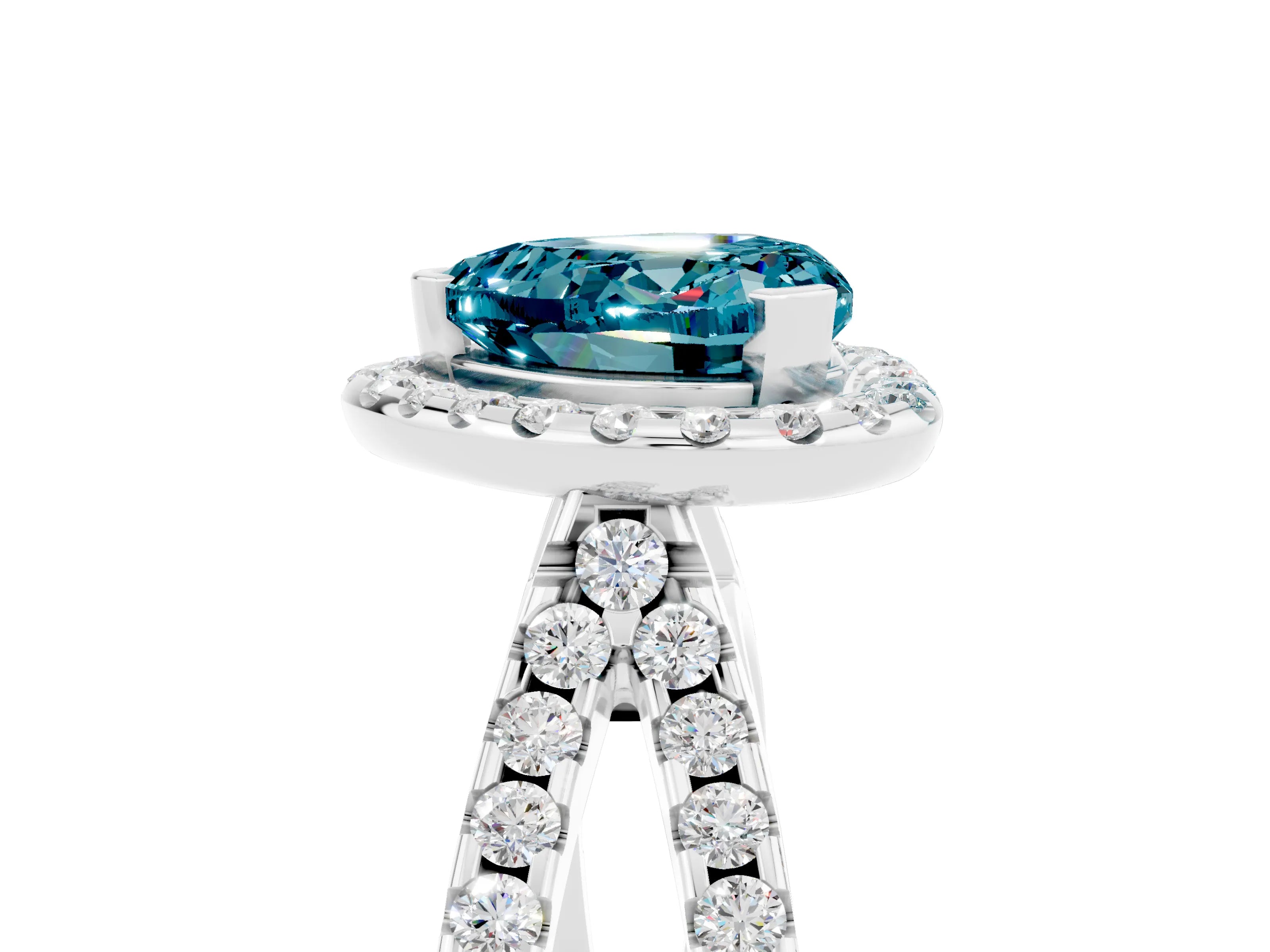 White gold Heart Cut Blue Topaz Halo Ring with Split Shank Pavé Band and Prong Setting_5