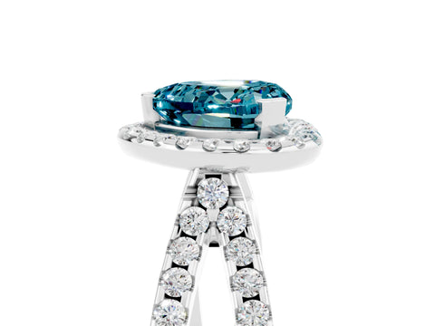 White gold Heart Cut Blue Topaz Halo Ring with Split Shank Pavé Band and Prong Setting_5