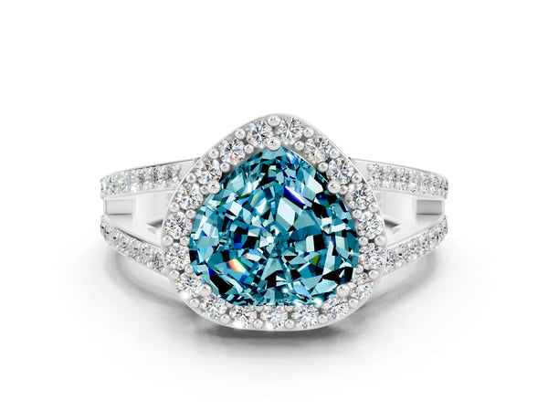 Platinum Heart Cut Blue Topaz Halo Ring with Split Shank U-Prong Band and Four-Prong Setting