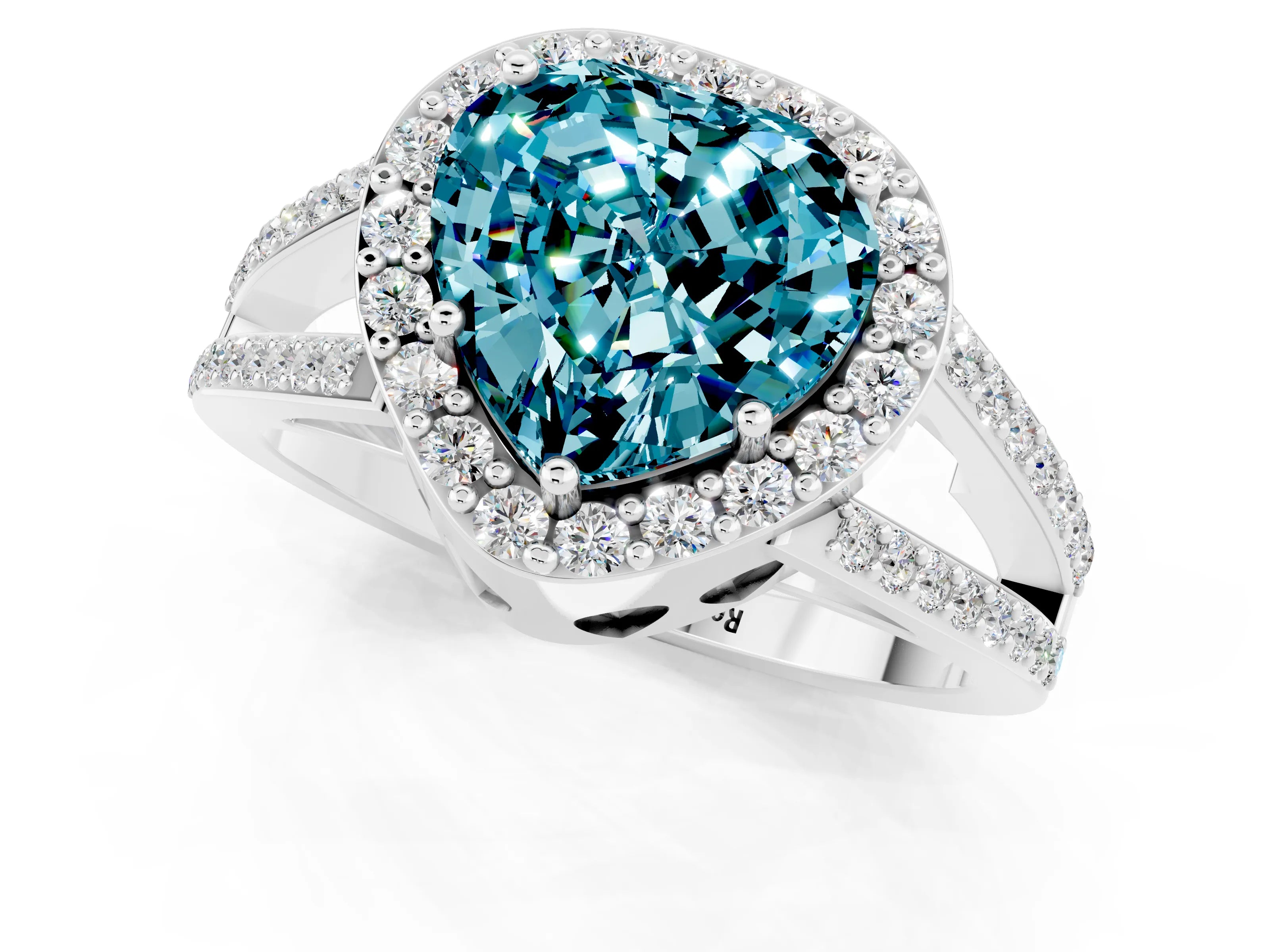 White gold Heart Cut Blue Topaz Halo Ring with Split Shank U-Prong Band and Four-Prong Setting_1