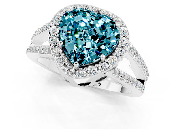 White gold Heart Cut Blue Topaz Halo Ring with Split Shank U-Prong Band and Four-Prong Setting