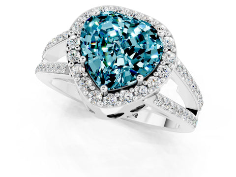 White gold Heart Cut Blue Topaz Halo Ring with Split Shank U-Prong Band and Four-Prong Setting_1