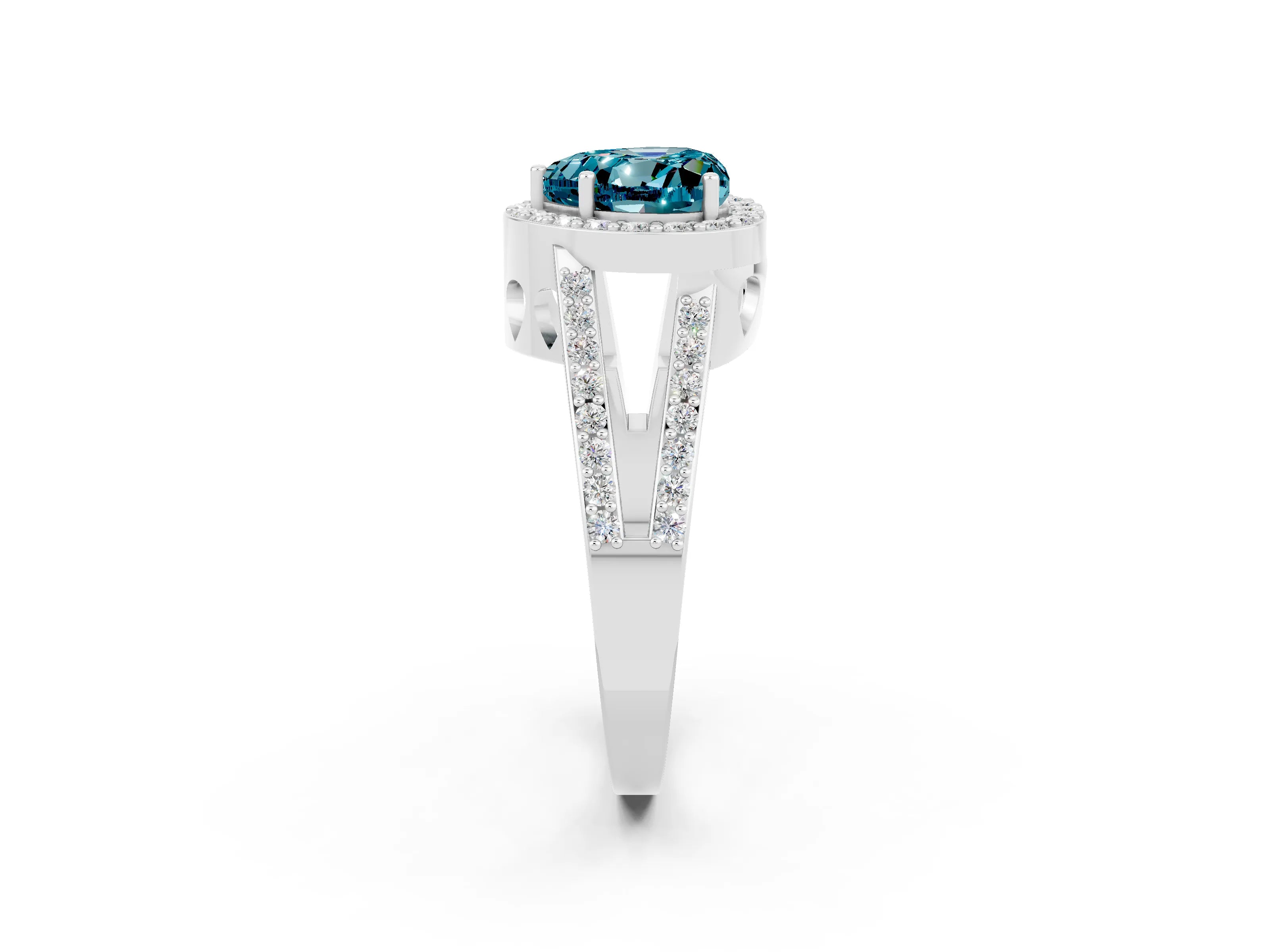 White gold Heart Cut Blue Topaz Halo Ring with Split Shank U-Prong Band and Four-Prong Setting_2