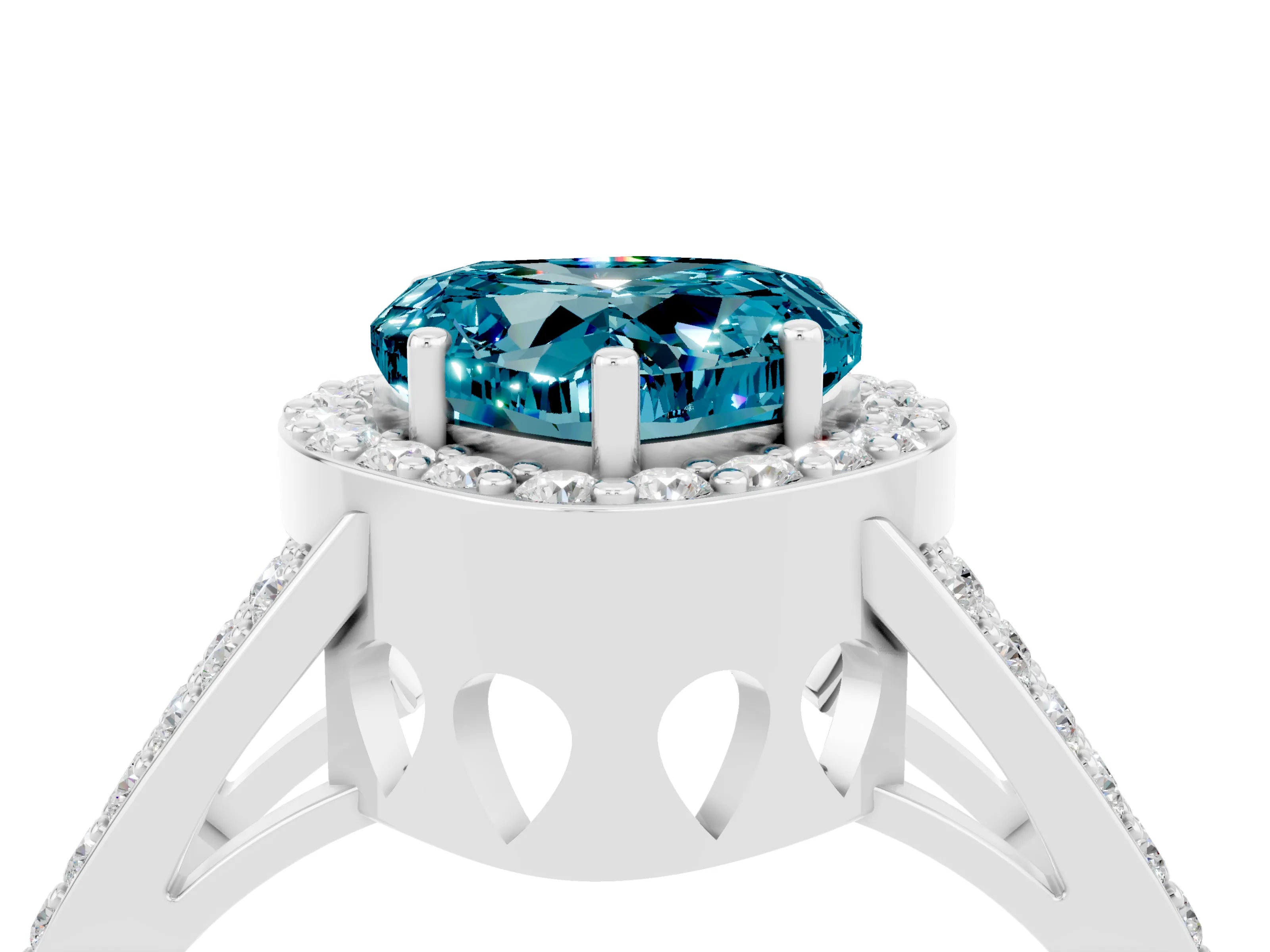 White gold Heart Cut Blue Topaz Halo Ring with Split Shank U-Prong Band and Four-Prong Setting_4