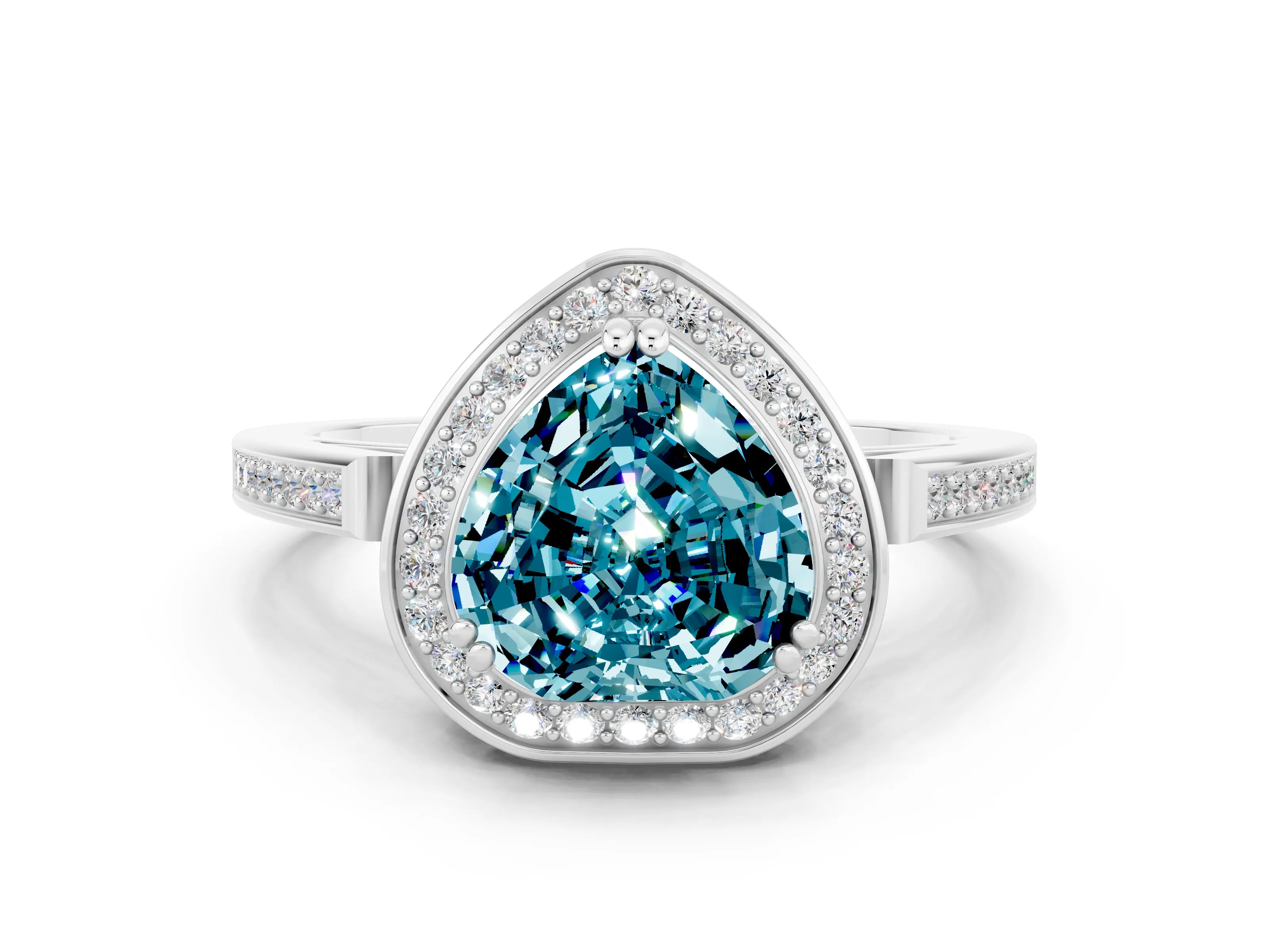 White gold Heart Cut Blue Topaz Halo Ring with Split Shank and Four-Prong Setting_12