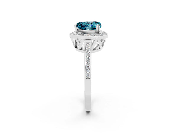 Silver Heart Cut Blue Topaz Halo Ring with Split Shank and Four-Prong Setting