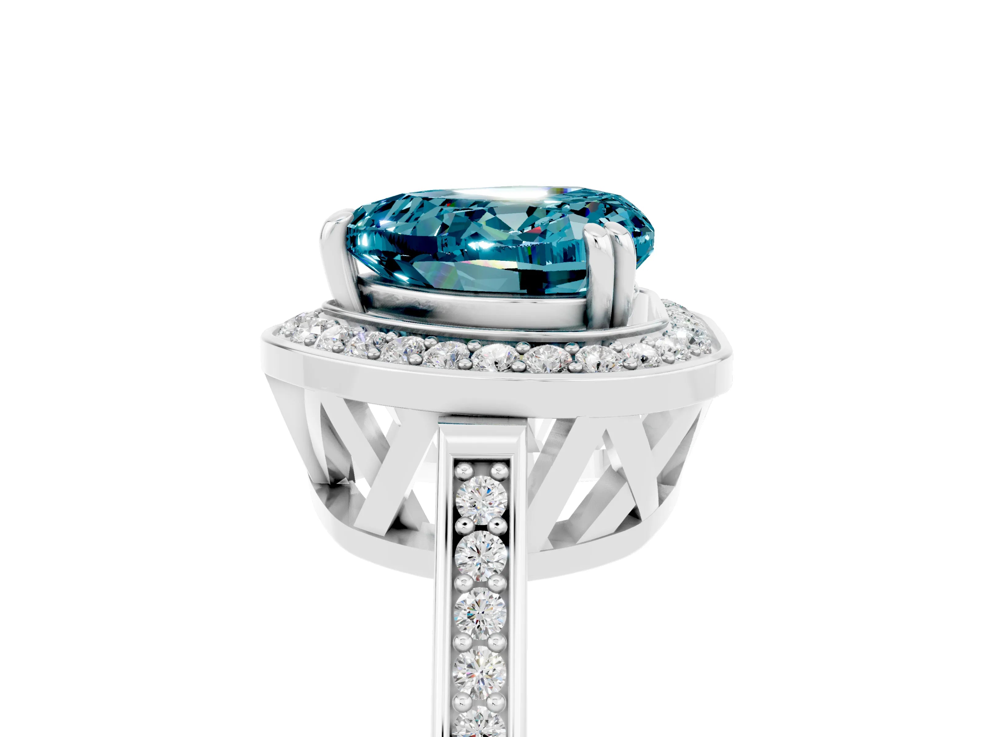 White gold Heart Cut Blue Topaz Halo Ring with Split Shank and Four-Prong Setting_17