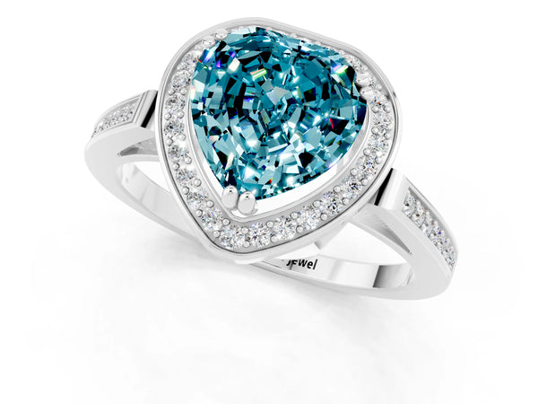 White gold Heart Cut Blue Topaz Halo Ring with Split Shank and Four-Prong Setting