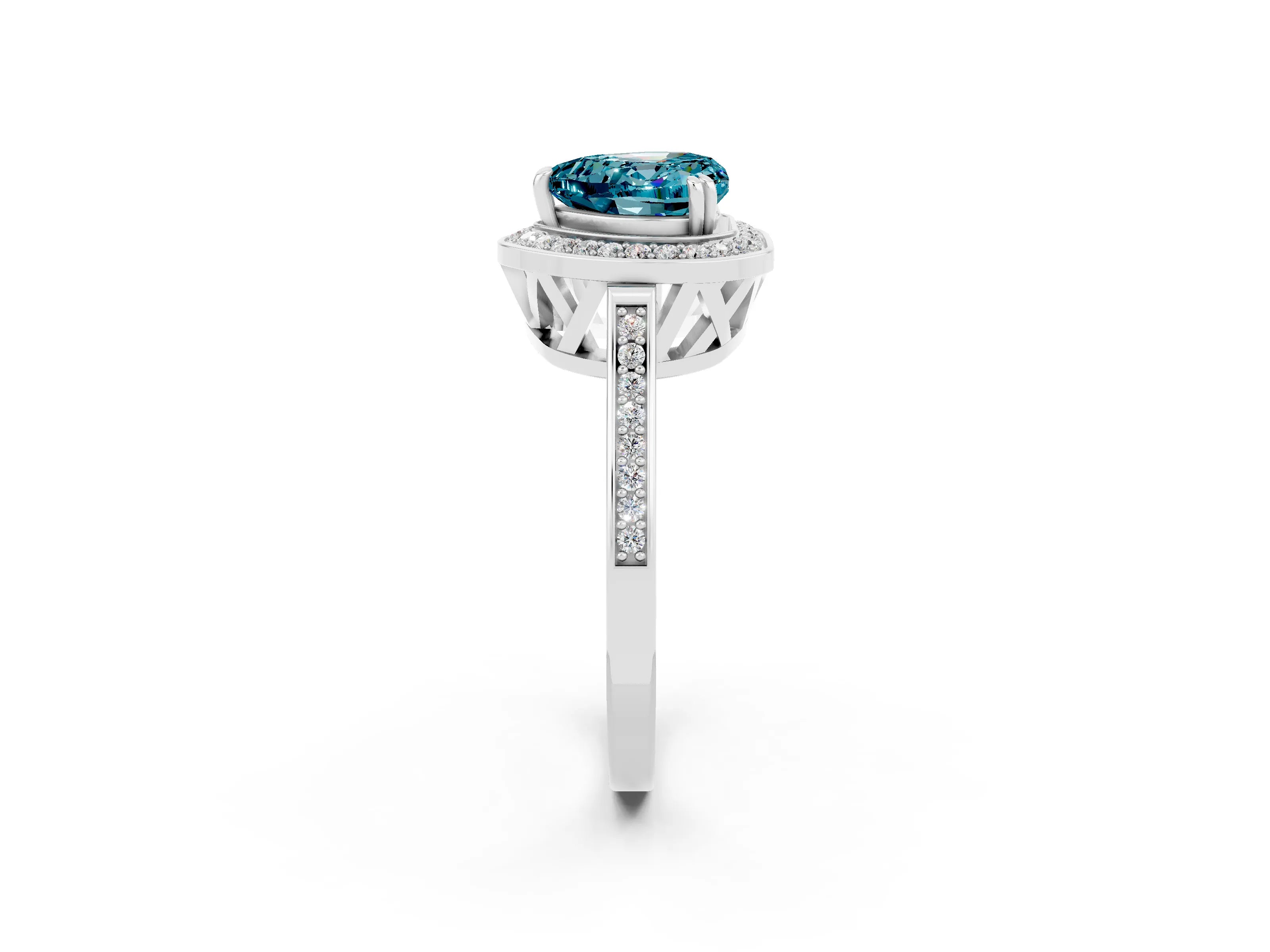 White gold Heart Cut Blue Topaz Halo Ring with Split Shank and Four-Prong Setting_26