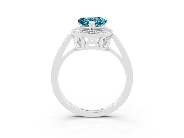 White gold Heart Cut Blue Topaz Halo Ring with Split Shank and Four-Prong Setting