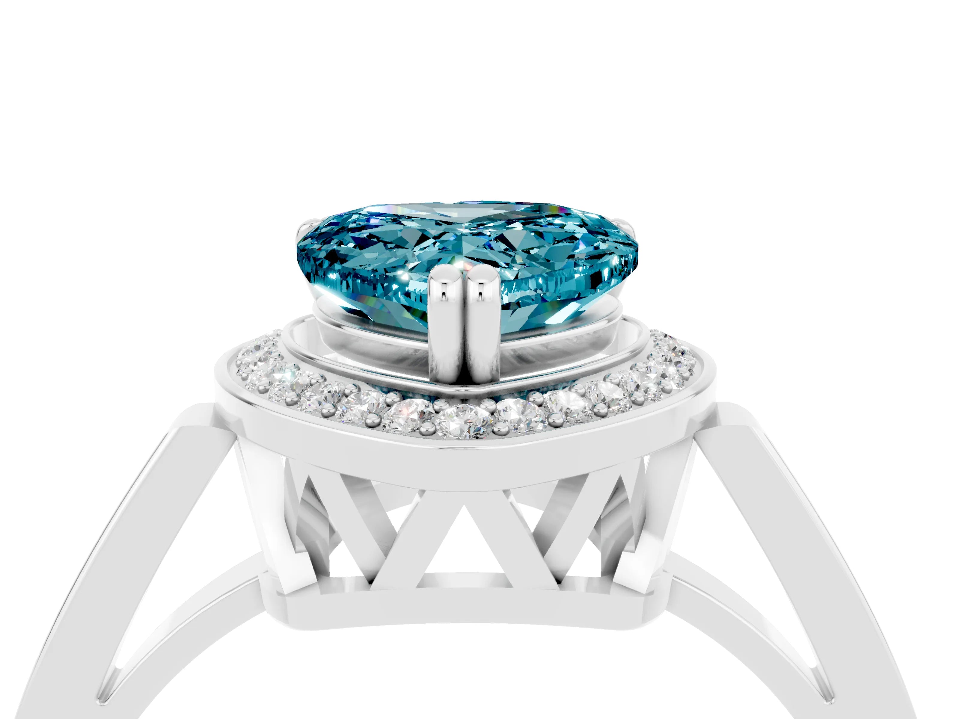 White gold Heart Cut Blue Topaz Halo Ring with Split Shank and Four-Prong Setting_28