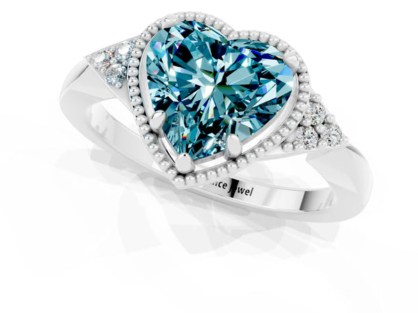 Platinum Heart Cut Blue Topaz Halo Ring with Tapered Band and Four-Prong Setting