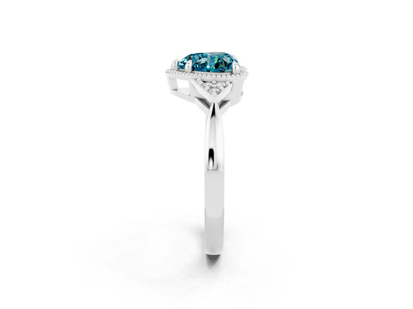Platinum Heart Cut Blue Topaz Halo Ring with Tapered Band and Four-Prong Setting