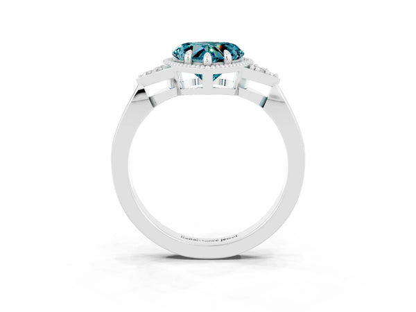 Platinum Heart Cut Blue Topaz Halo Ring with Tapered Band and Four-Prong Setting