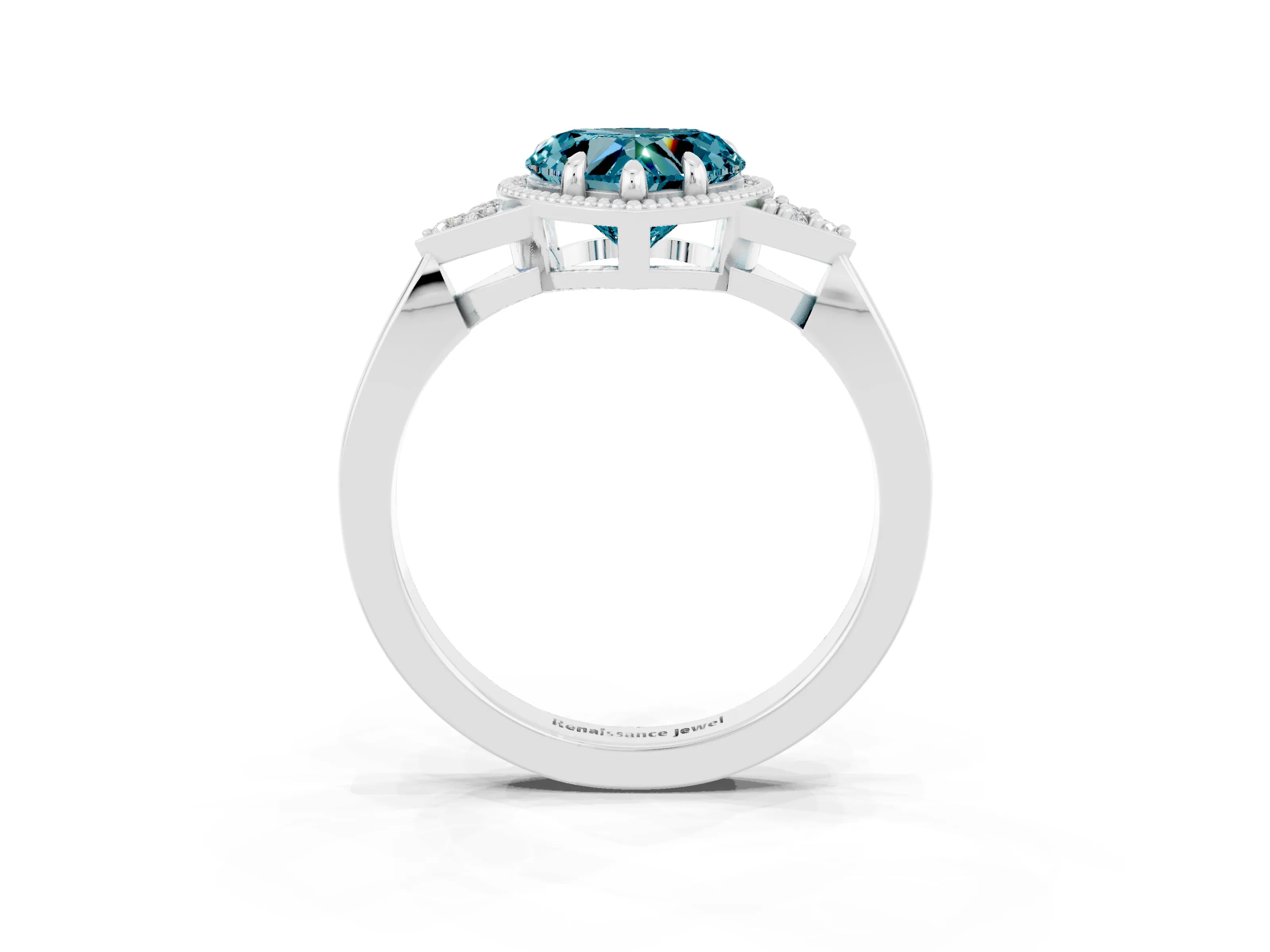 White gold Heart Cut Blue Topaz Halo Ring with Tapered Band and Four-Prong Setting_3