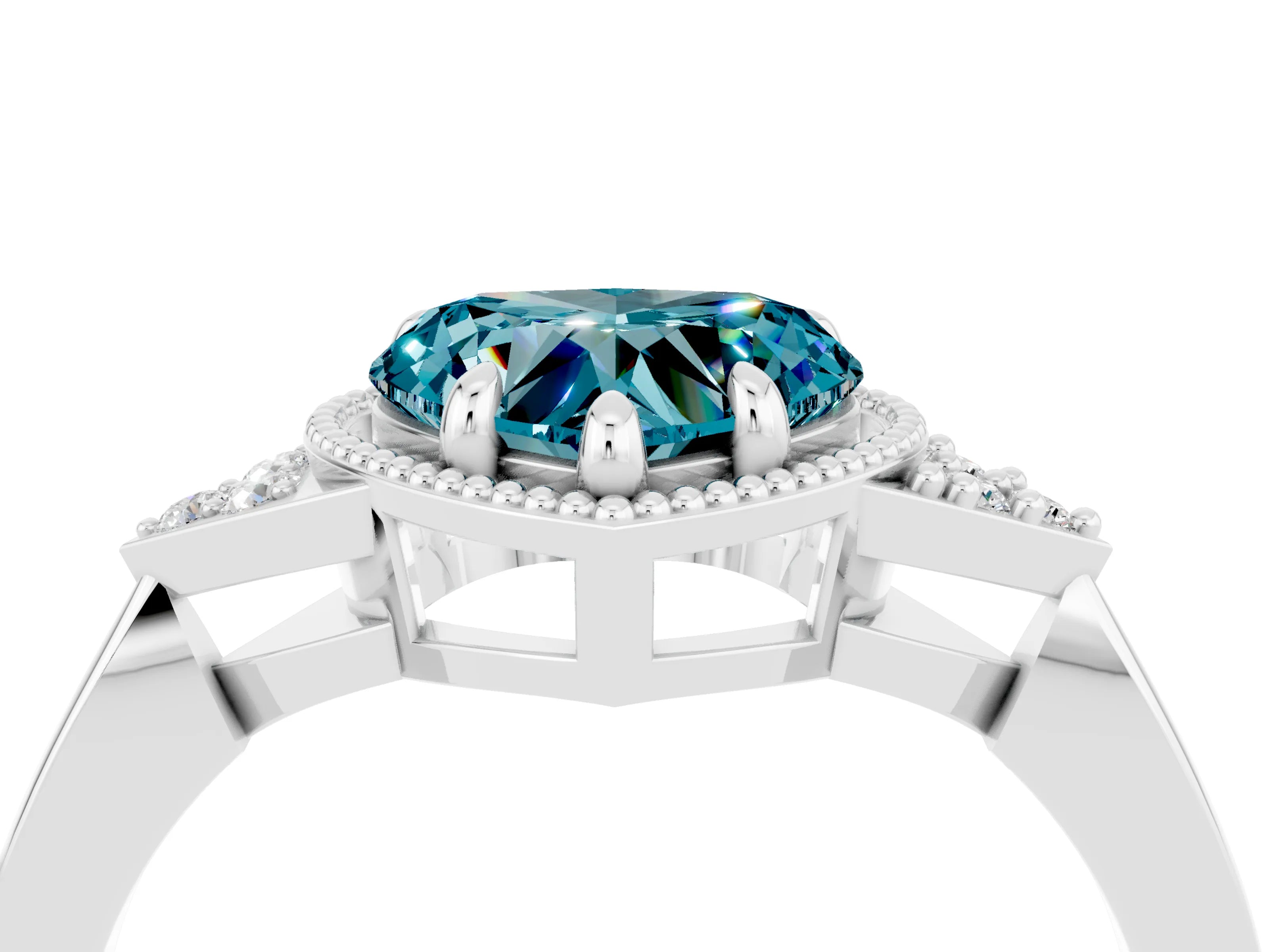 White gold Heart Cut Blue Topaz Halo Ring with Tapered Band and Four-Prong Setting_4