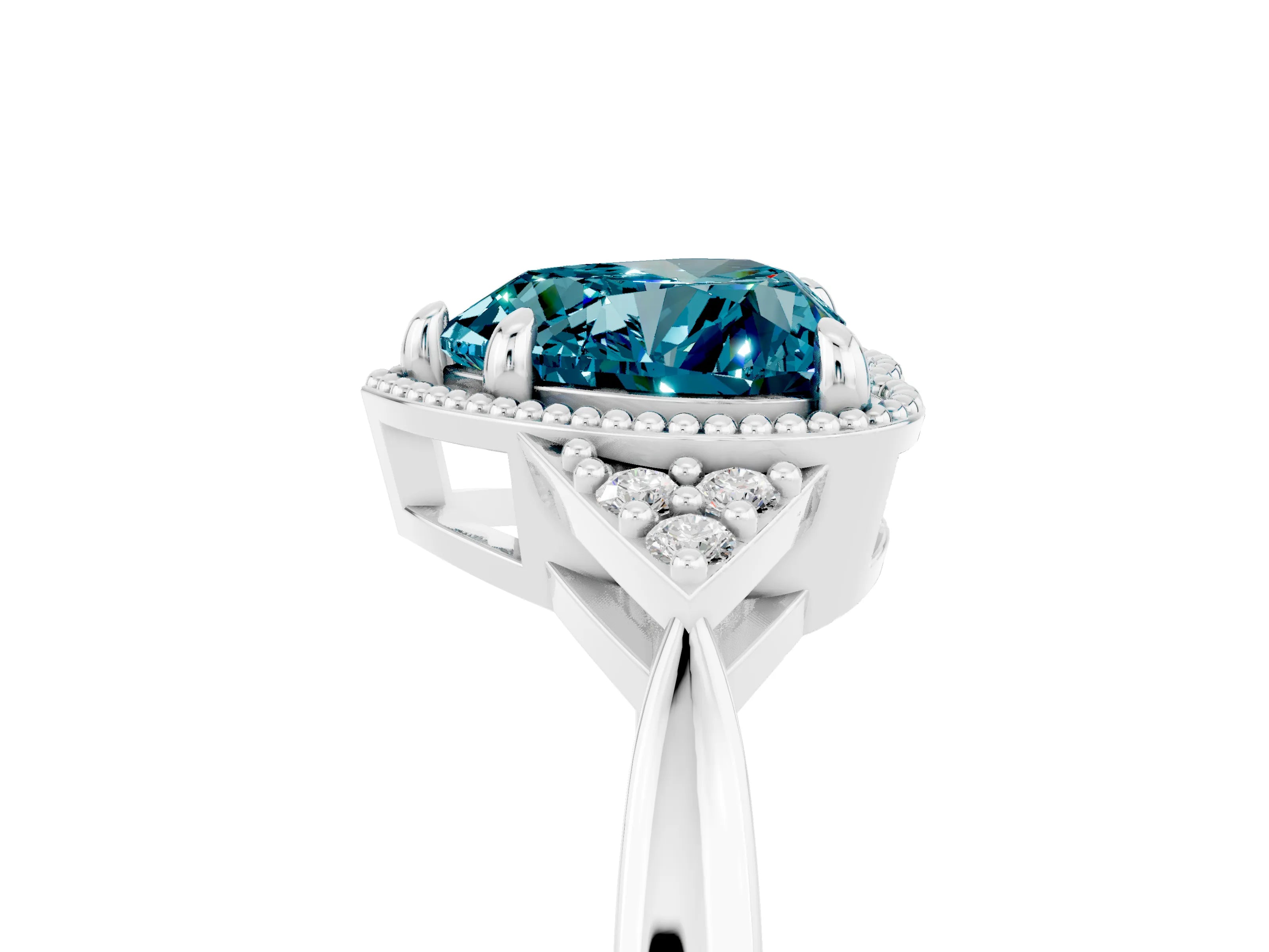 White gold Heart Cut Blue Topaz Halo Ring with Tapered Band and Four-Prong Setting_5