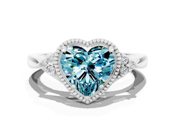 White gold Heart Cut Blue Topaz Halo Ring with Tapered Band and Four-Prong Setting