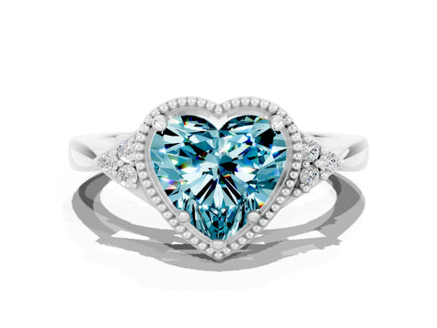 White gold Heart Cut Blue Topaz Halo Ring with Tapered Band and Four-Prong Setting