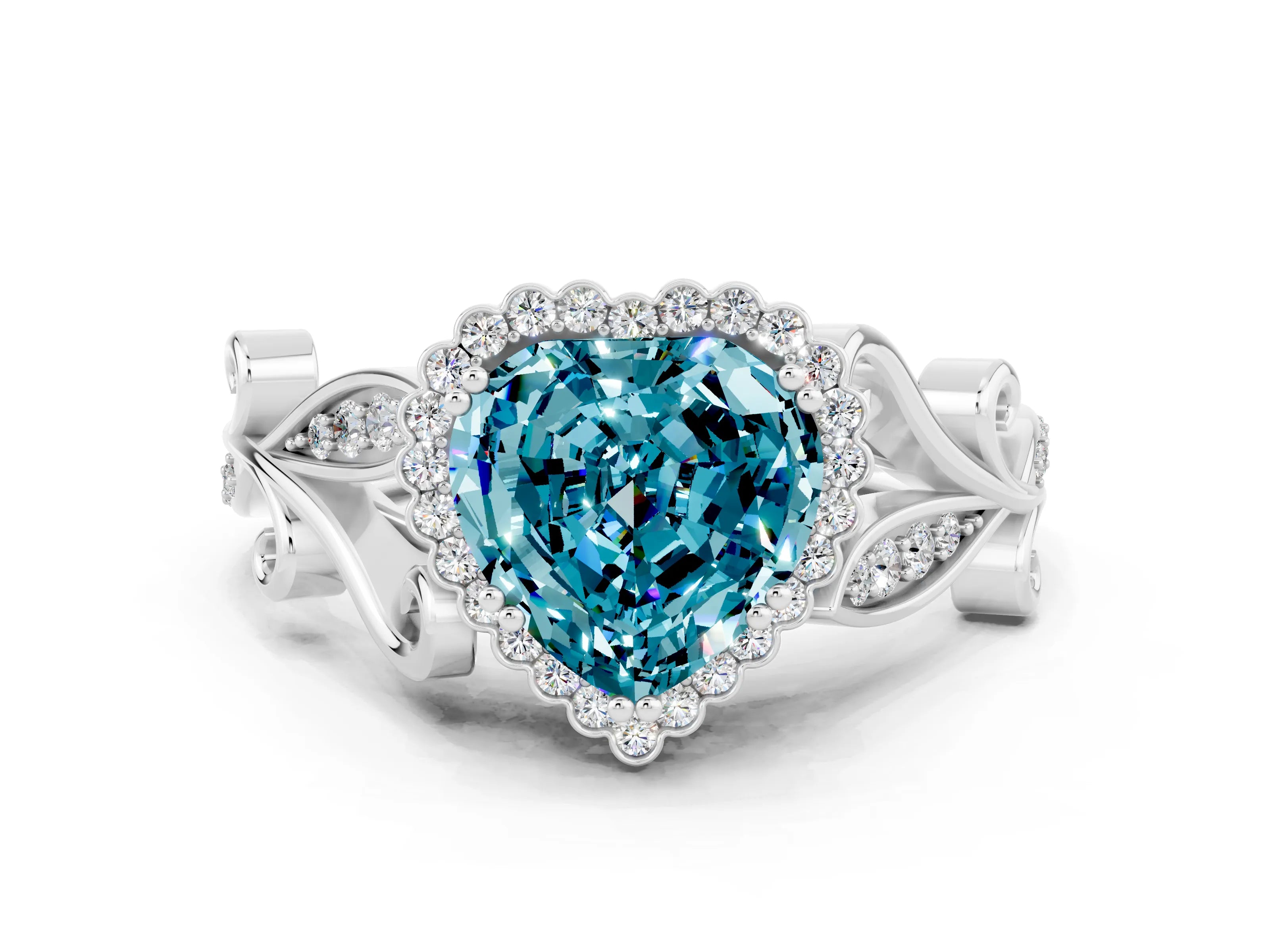White gold Heart Cut Blue Topaz Halo Ring with Vintage Split Shank and Four-Prong Setting_24