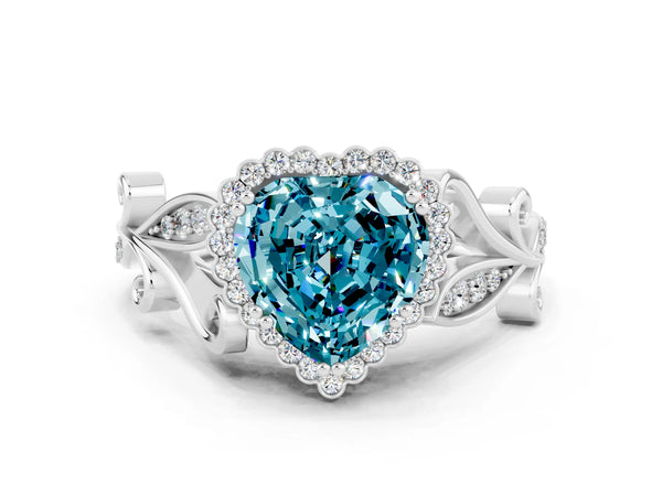 Silver Heart Cut Blue Topaz Halo Ring with Vintage Split Shank and Four-Prong Setting