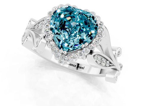White gold Heart Cut Blue Topaz Halo Ring with Vintage Split Shank and Four-Prong Setting_25