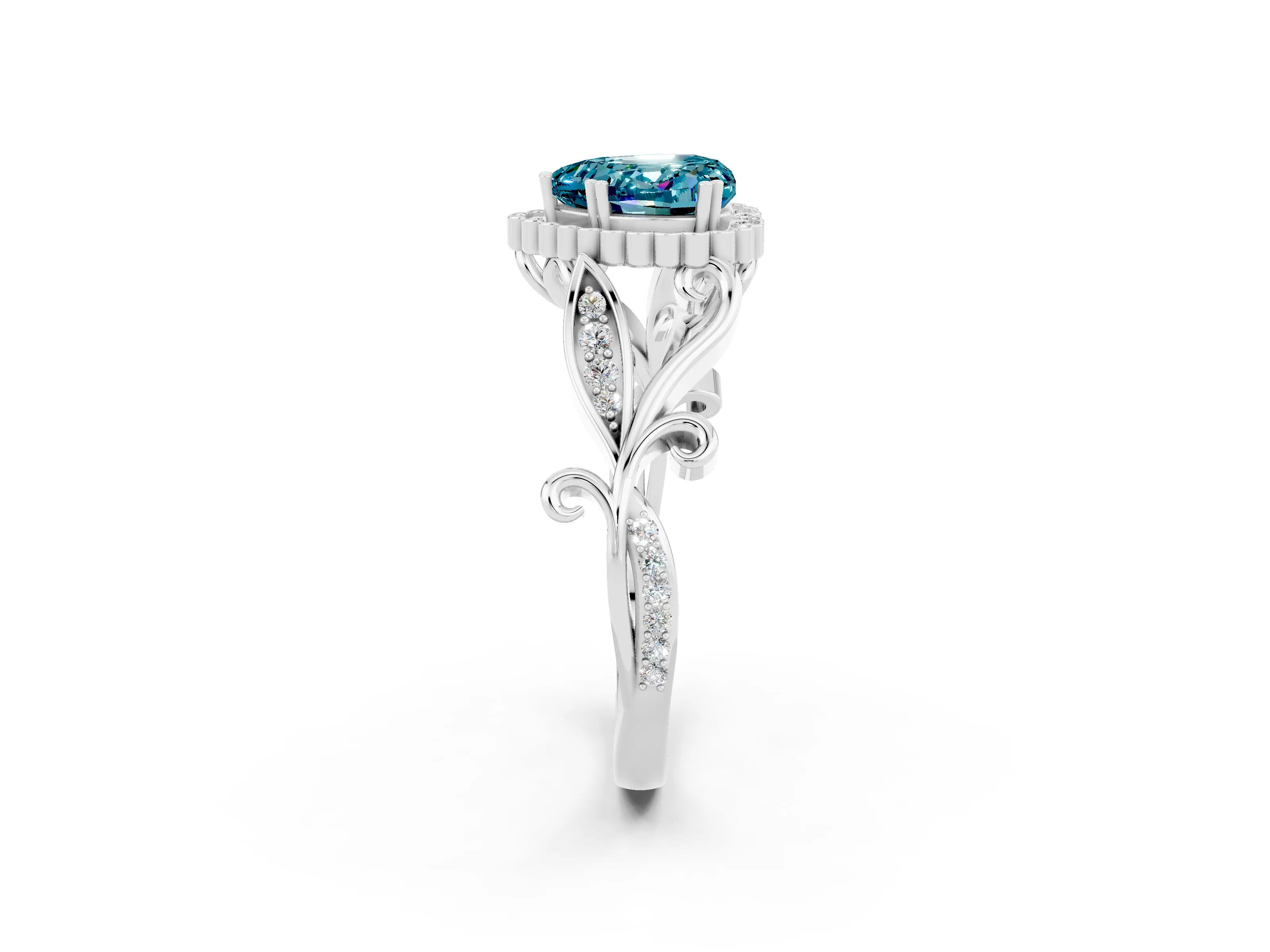 White gold Heart Cut Blue Topaz Halo Ring with Vintage Split Shank and Four-Prong Setting_26