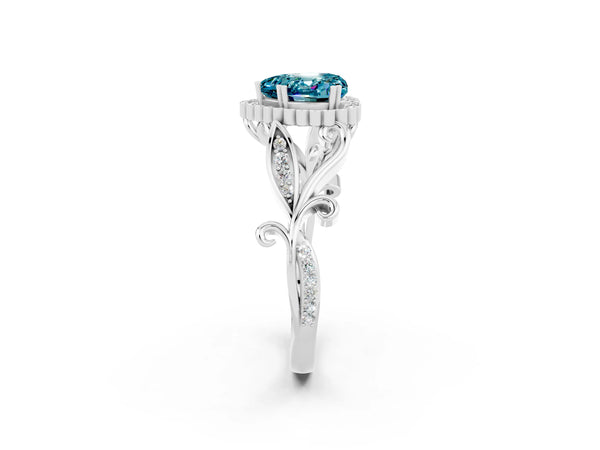 White gold Heart Cut Blue Topaz Halo Ring with Vintage Split Shank and Four-Prong Setting