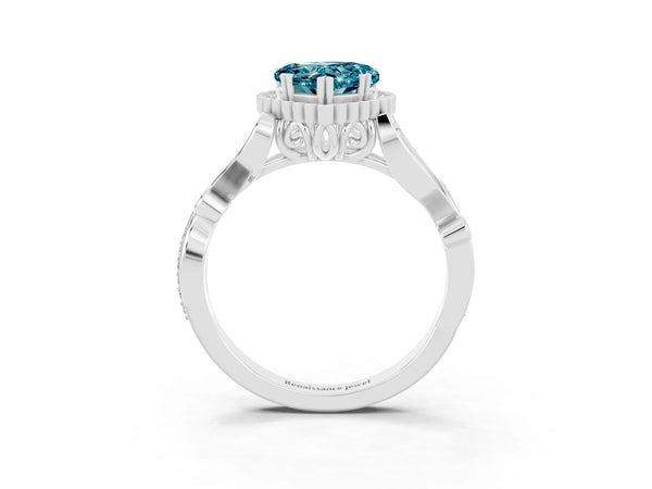 Platinum Heart Cut Blue Topaz Halo Ring with Vintage Split Shank and Four-Prong Setting