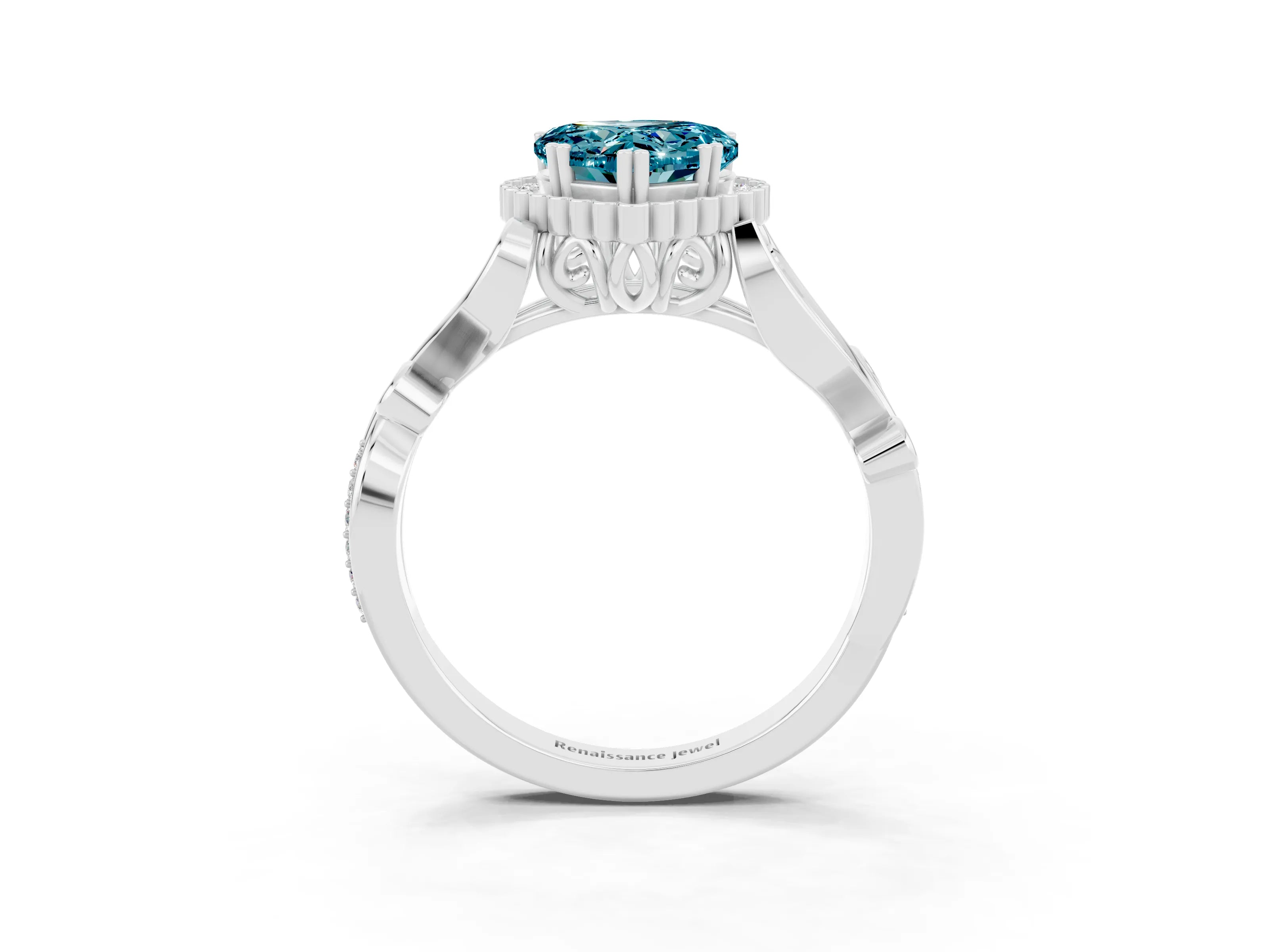 White gold Heart Cut Blue Topaz Halo Ring with Vintage Split Shank and Four-Prong Setting_27