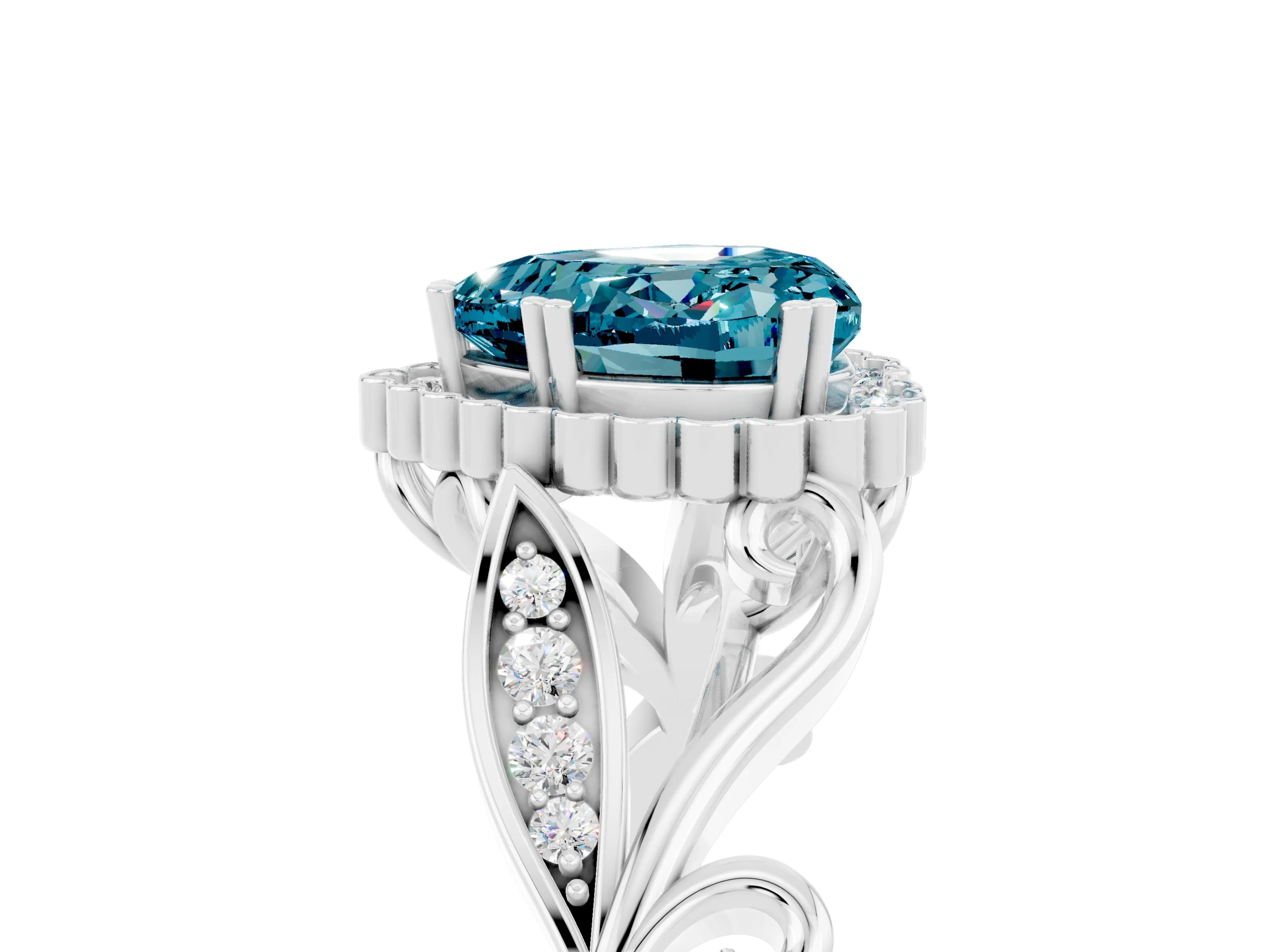 White gold Heart Cut Blue Topaz Halo Ring with Vintage Split Shank and Four-Prong Setting_29