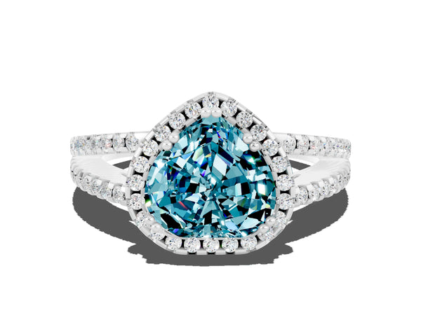 Silver Heart Cut Blue Topaz Halo Split Shank Engagement Ring