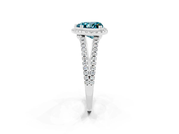 Platinum Heart Cut Blue Topaz Halo Split Shank Engagement Ring