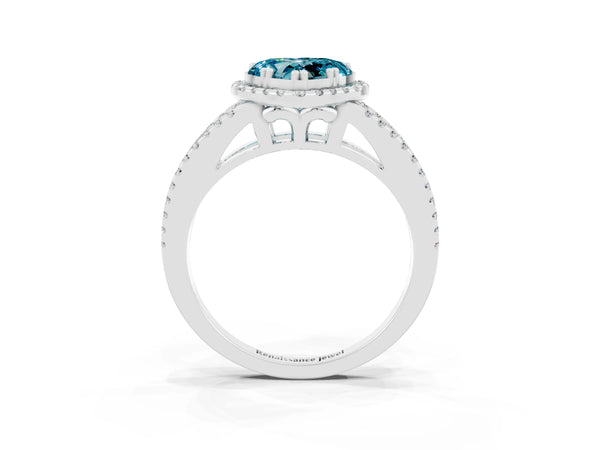 Platinum Heart Cut Blue Topaz Halo Split Shank Engagement Ring
