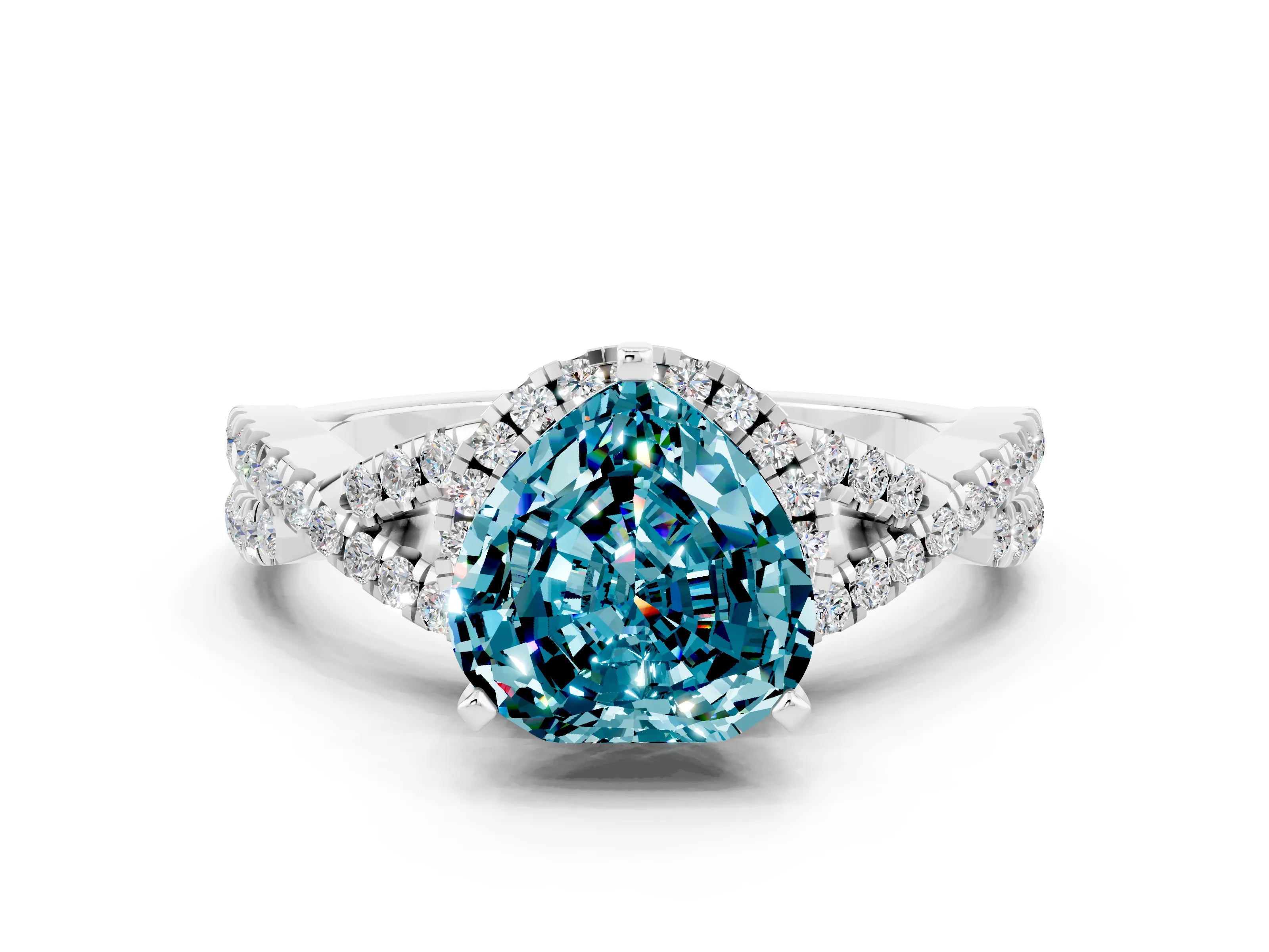 White gold Heart Cut Blue Topaz Halo Twist Band Solitaire Prong Setting Ring
