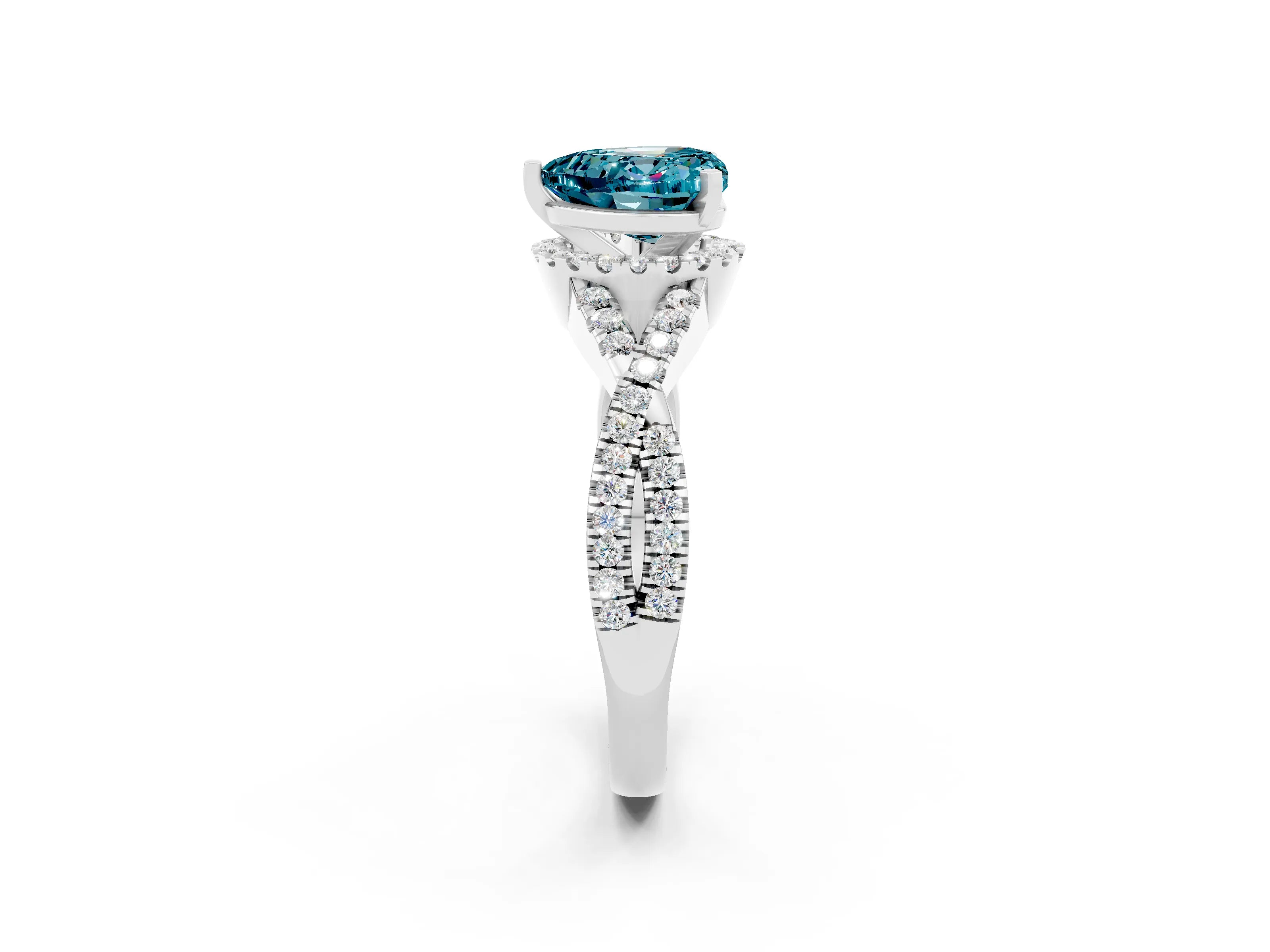 White gold Heart Cut Blue Topaz Halo Twist Band Solitaire Prong Setting Ring_2