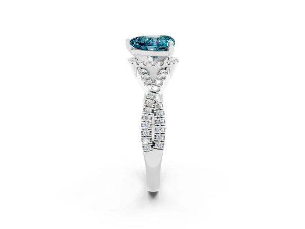 White gold Heart Cut Blue Topaz  Halo Twist Band Solitaire Prong Setting Ring