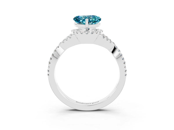 Platinum Heart Cut Blue Topaz  Halo Twist Band Solitaire Prong Setting Ring