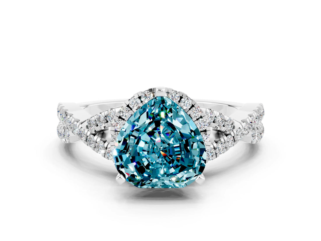 White gold Heart Cut Blue Topaz Halo Twist Band Solitaire Prong Setting Ring