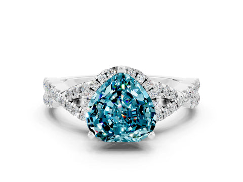 White gold Heart Cut Blue Topaz Halo Twist Band Solitaire Prong Setting Ring