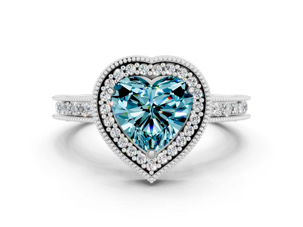 White gold Heart Cut Blue Topaz Milgrain Halo Engagement Ring with Round Pavé Band and Prong Setting