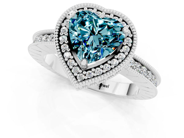 White gold Heart Cut Blue Topaz Milgrain Halo Engagement Ring with Round Pavé Band and Prong Setting
