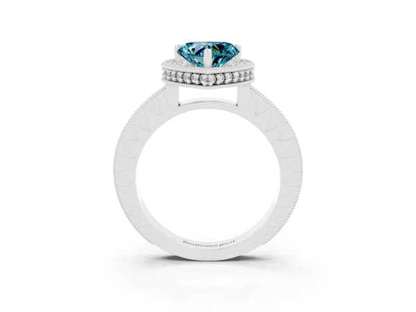 White gold Heart Cut Blue Topaz Milgrain Halo Engagement Ring with Round Pavé Band and Prong Setting