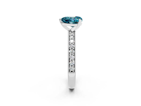 Platinum Heart Cut Blue Topaz Milgrain Pavé Engagement Ring with Four-Prong Setting