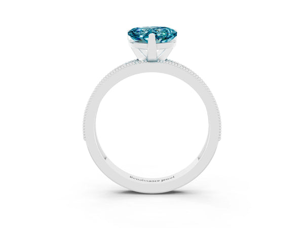Silver Heart Cut Blue Topaz Milgrain Pavé Engagement Ring with Four-Prong Setting