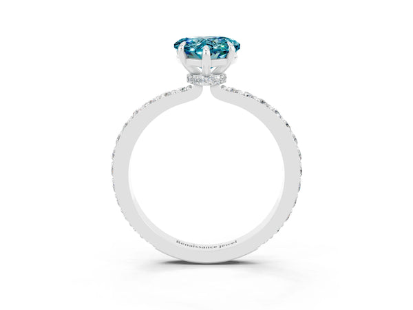 Silver Heart Cut Blue Topaz Pavé Engagement Ring with Round  Accents and Prong Setting
