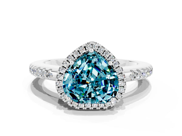 Platinum Heart Cut Blue Topaz Pavé Halo Ring with Four-Prong Setting