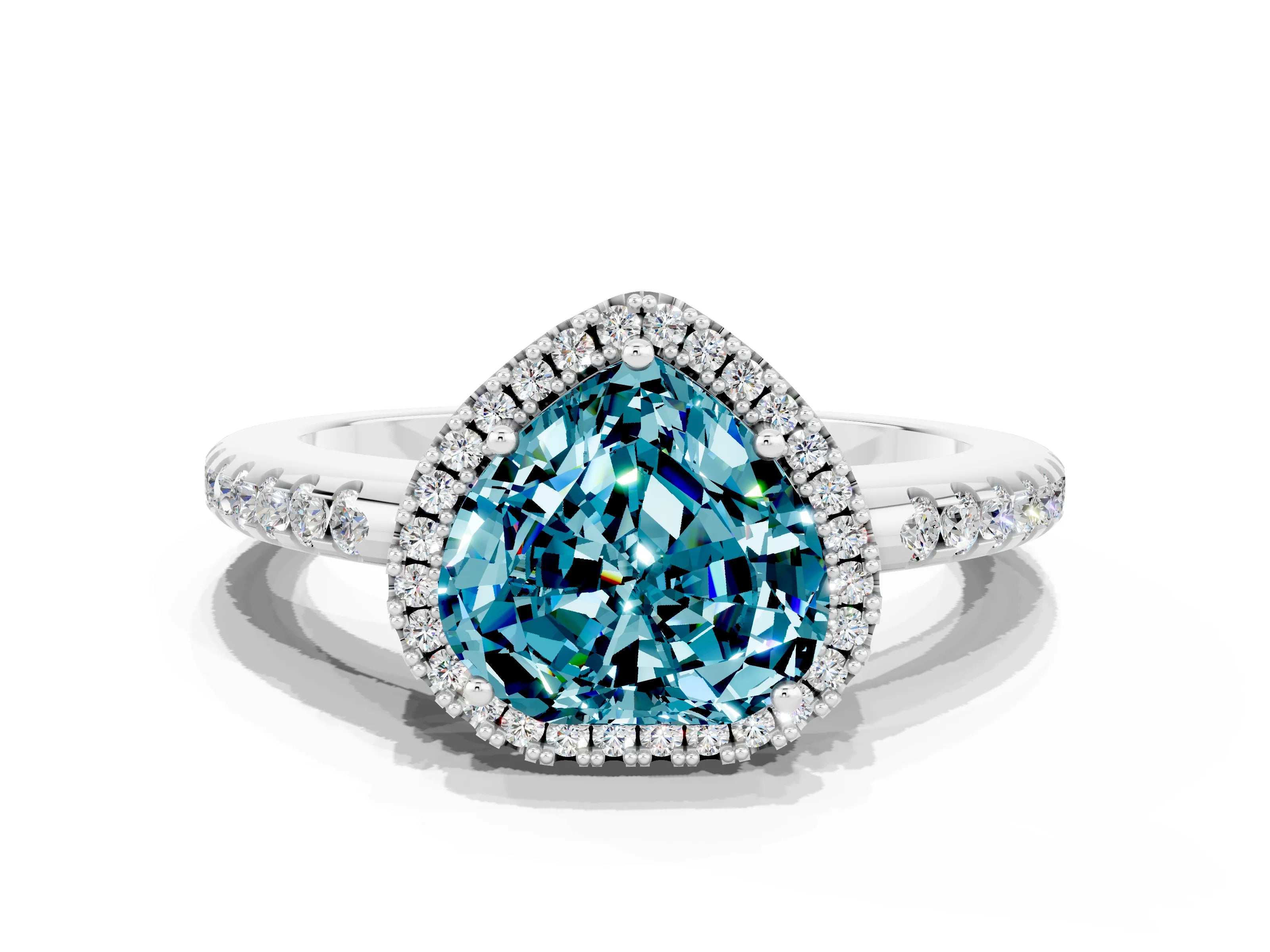 White gold Heart Cut Blue Topaz Pavé Halo Ring with Four-Prong Setting_12