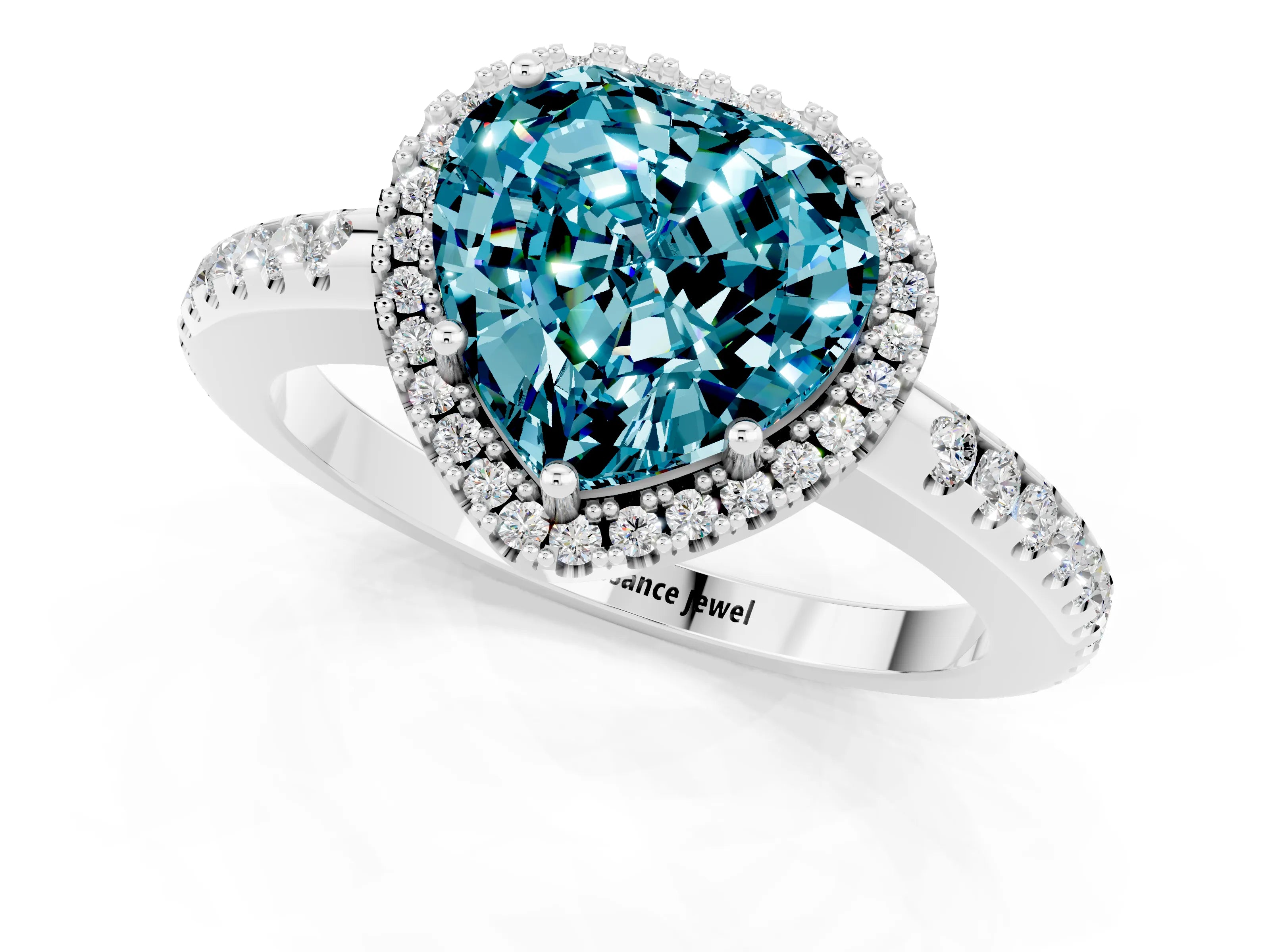 White gold Heart Cut Blue Topaz Pavé Halo Ring with Four-Prong Setting_13